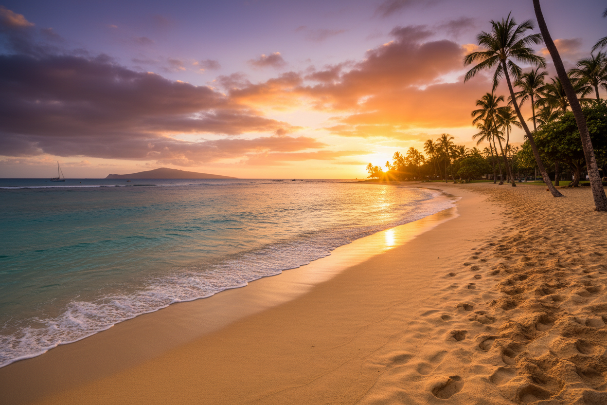 Aerial view of a beautiful Maui beach with golden sand and turquoise water
